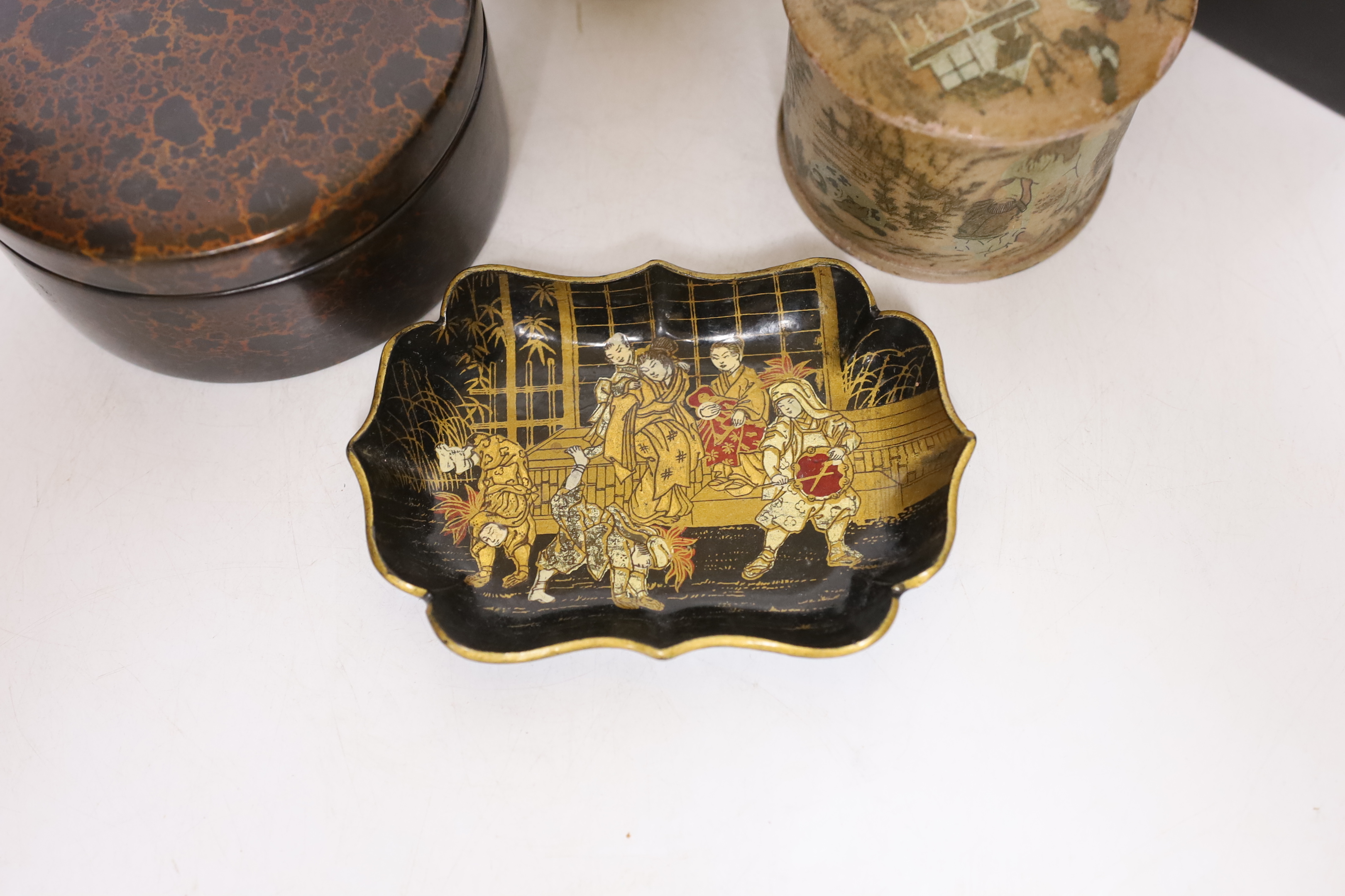 Six pieces of Japanese lacquerware comprising boxes and a small dish, largest 13cm wide